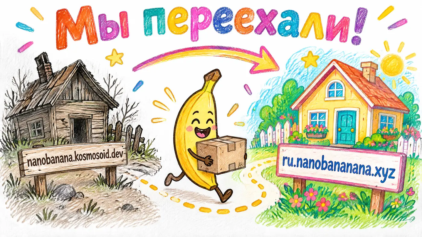 Банан с коробкой переезжает из старого домика nanobanana.kosmosoid.dev в новый ru.nanobananana.xyz