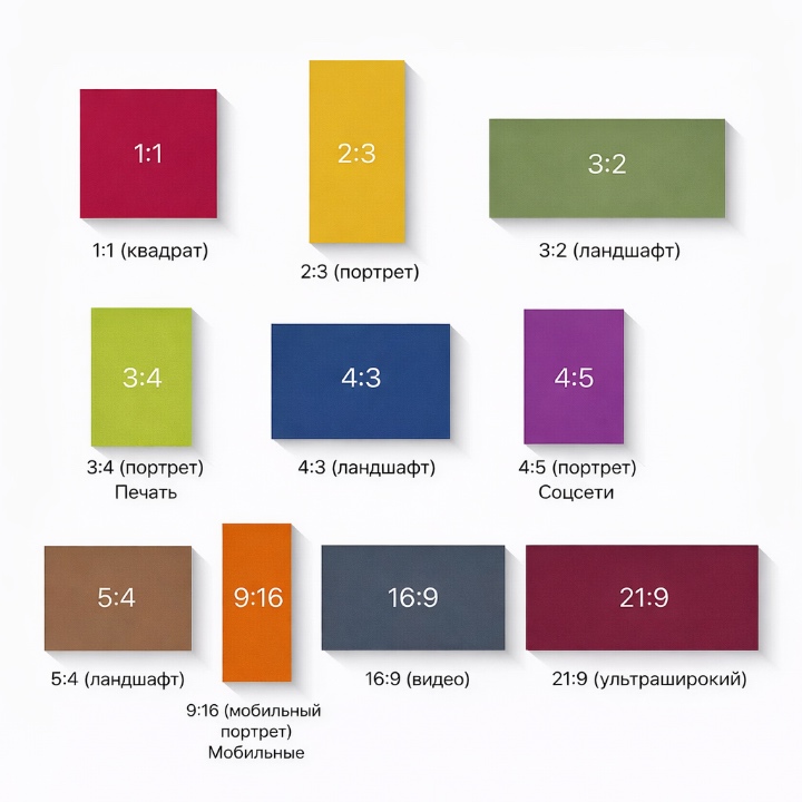 Популярные соотношения сторон изображений: 1:1, 2:3, 3:2, 3:4, 4:3, 4:5, 5:4, 9:16, 16:9, 21:9