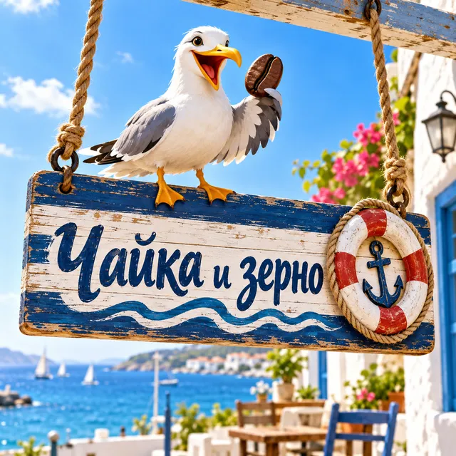 Вывеска кофейни «Чайка и зерно» в ярком морском стиле