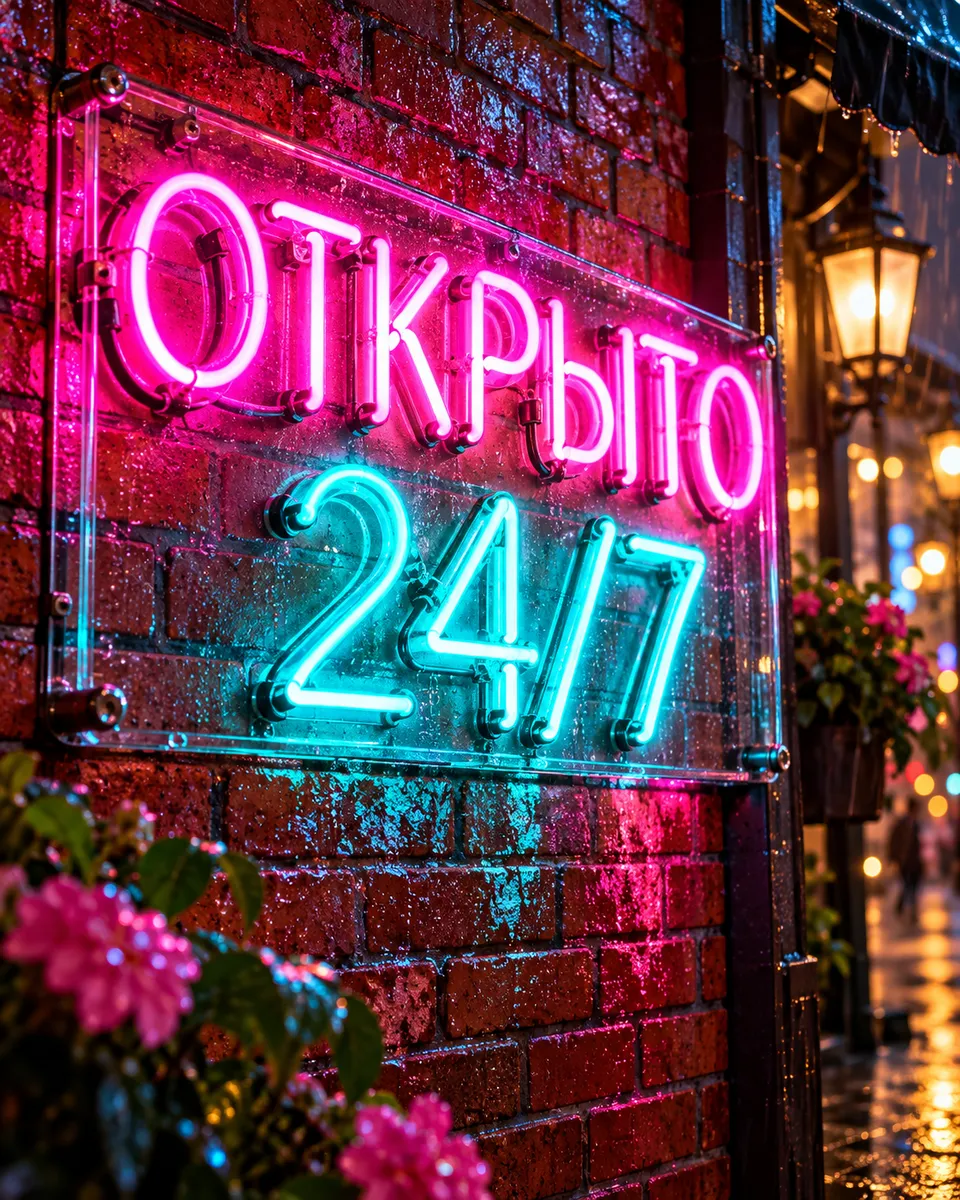 Неоновая вывеска «Открыто 24/7» на кирпичной стене