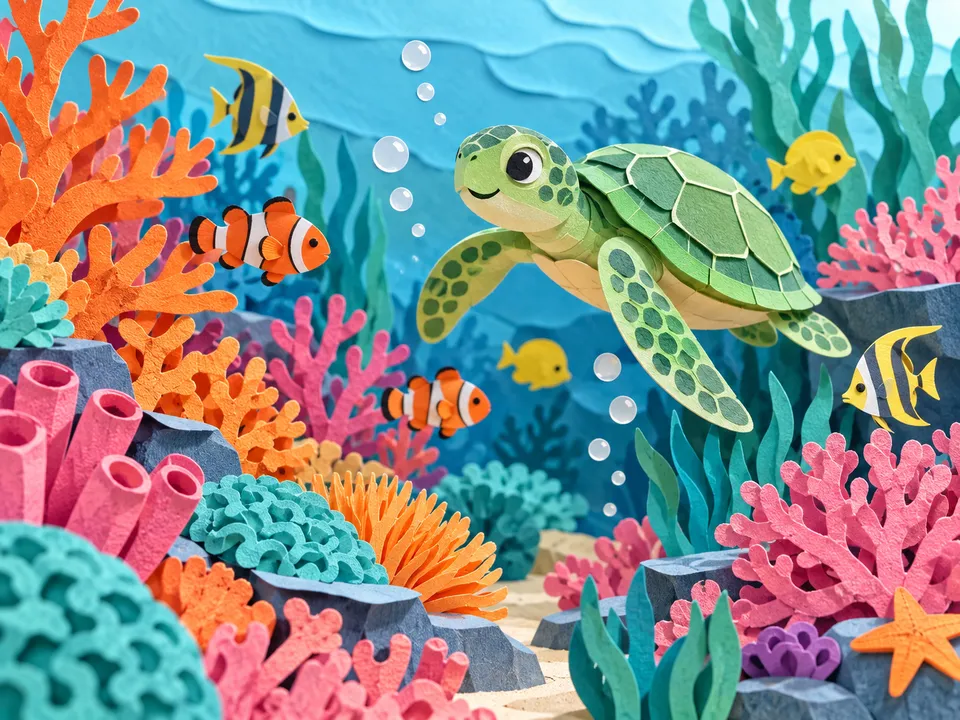 Коралловый риф из слоёв цветной бумаги с рыбами и черепахой